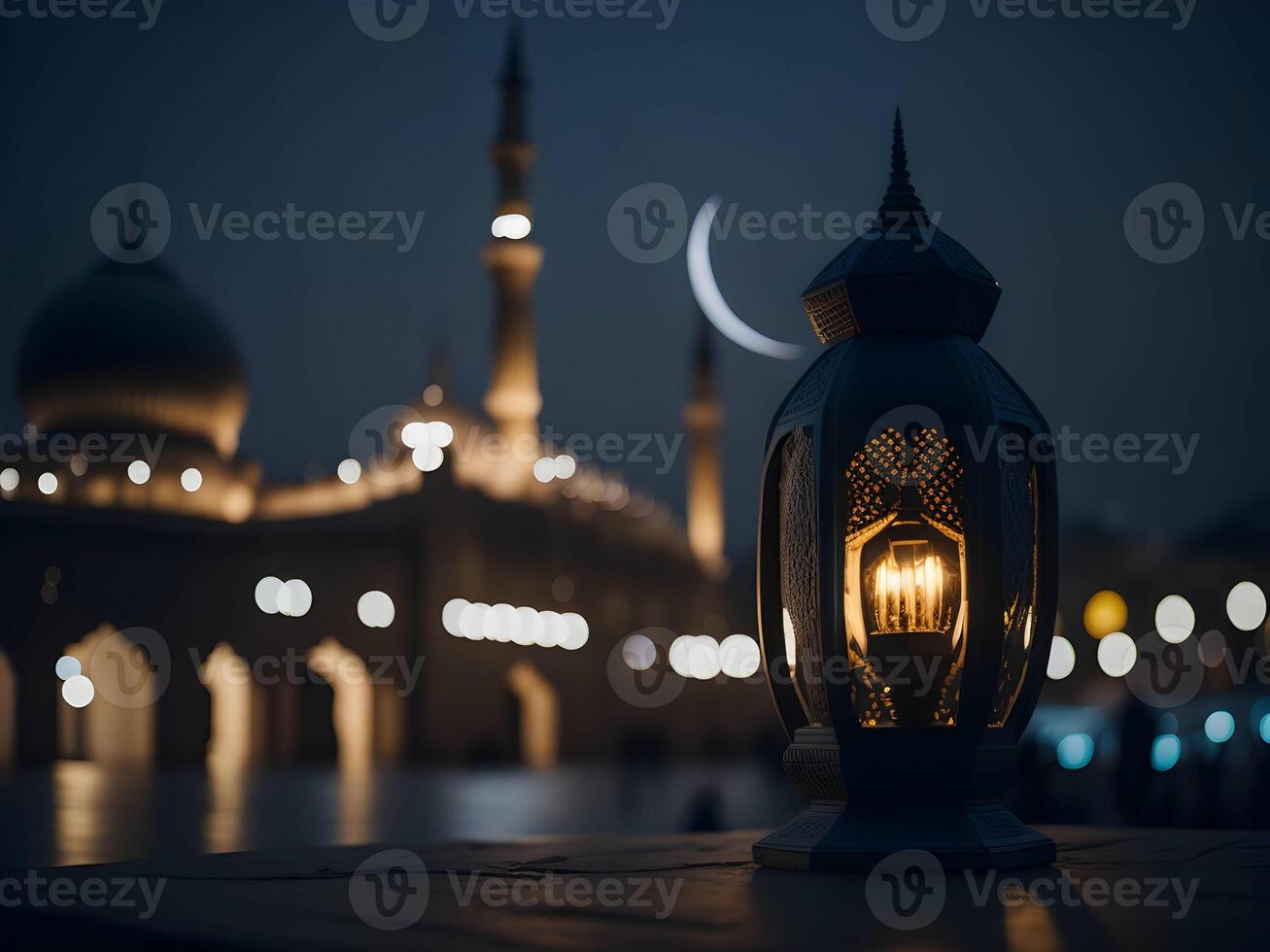 eid Lampe mit verwischen Hintergrund ai generiert, islamisch eid Hintergrund, eid Mubarak Hintergrund foto