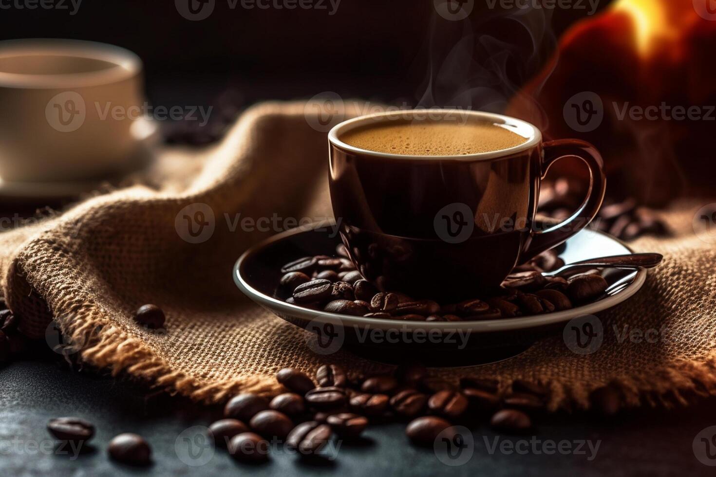 aromatisch Tasse von frisch gebraut Kaffee mit Kaffee Bohne auf das Seite, Mittelwinkel Schuss, ai generiert foto