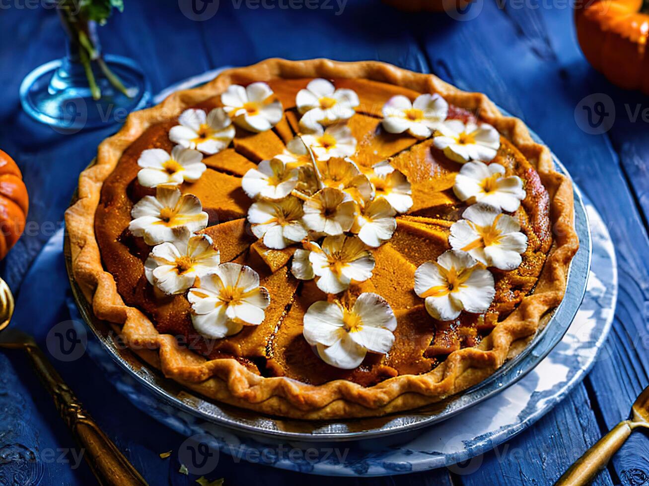 ai generiert. Herbst. frisch Süss hausgemacht traditionell festlich amerikanisch Kürbis Kuchen zum das Erntedankfest, Ernte Fest bereit zu essen. Nachtisch. Konzept - - Symbol von Urlaub, Tradition, köstlich Essen, Zuhause foto