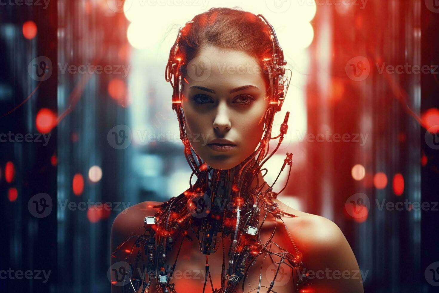 Illustration von ein Cyborg Frau und ai Technologie Hintergrund , ai generiert foto