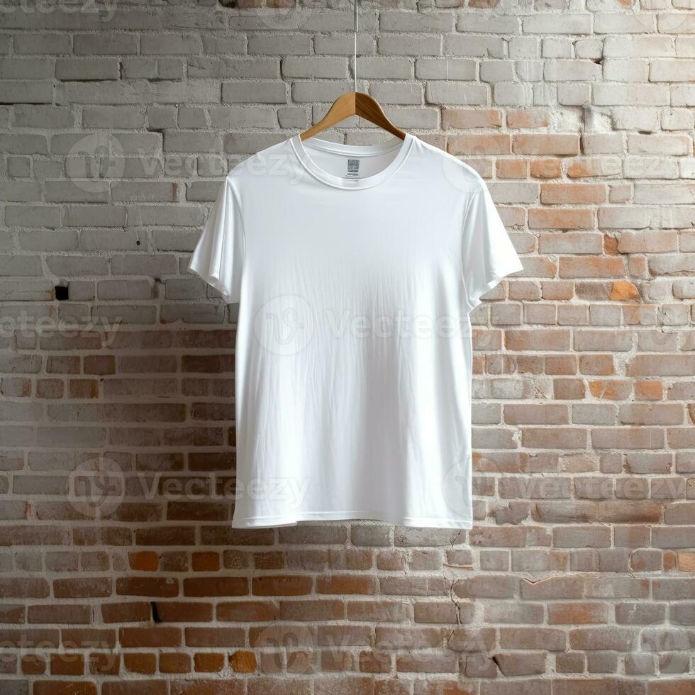 Illustration von ein Weiß einfach T-Shirt Attrappe, Lehrmodell, Simulation, ai generiert foto
