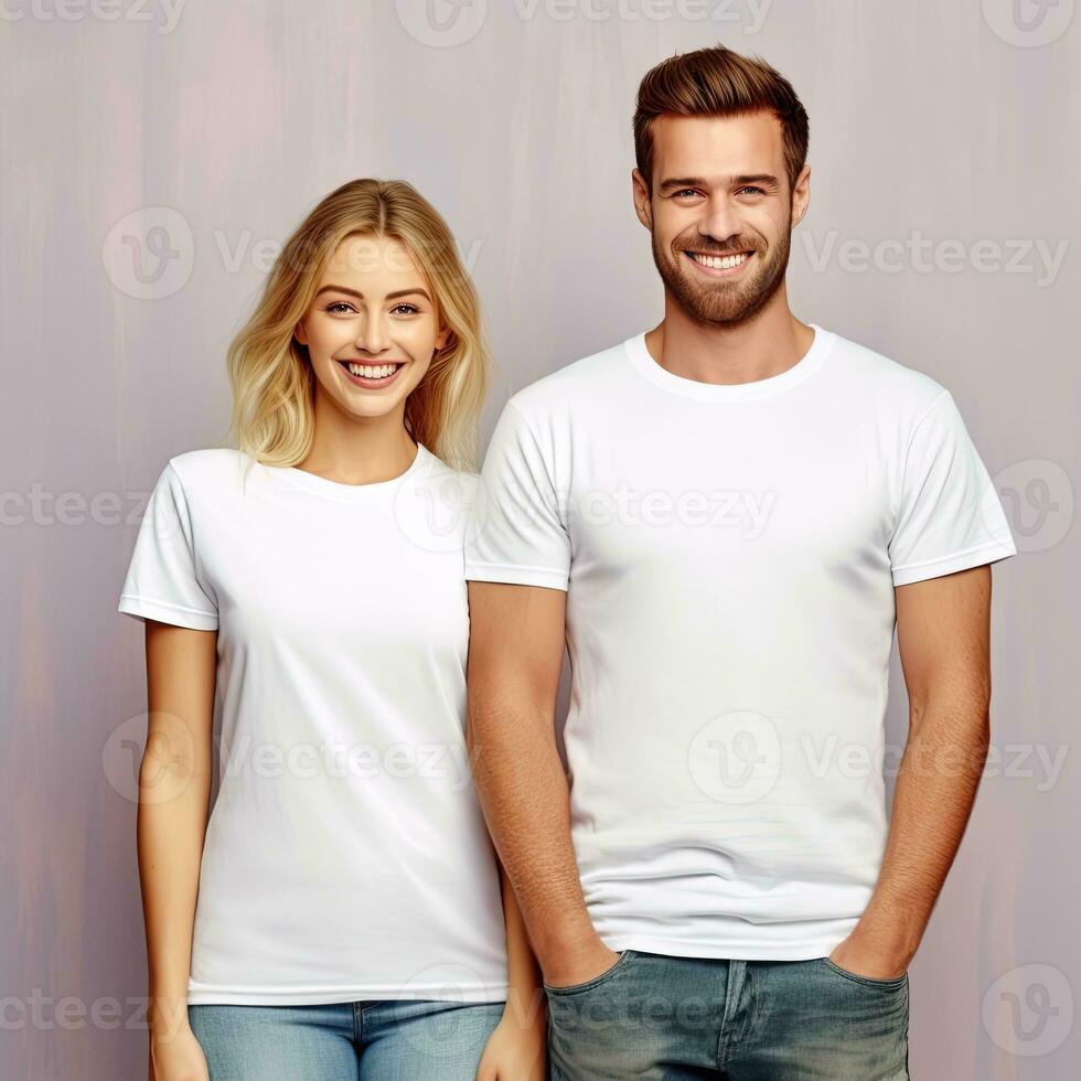 Illustration von ein Mode Porträt mit einfach T-Shirt Attrappe, Lehrmodell, Simulation, ai generiert foto