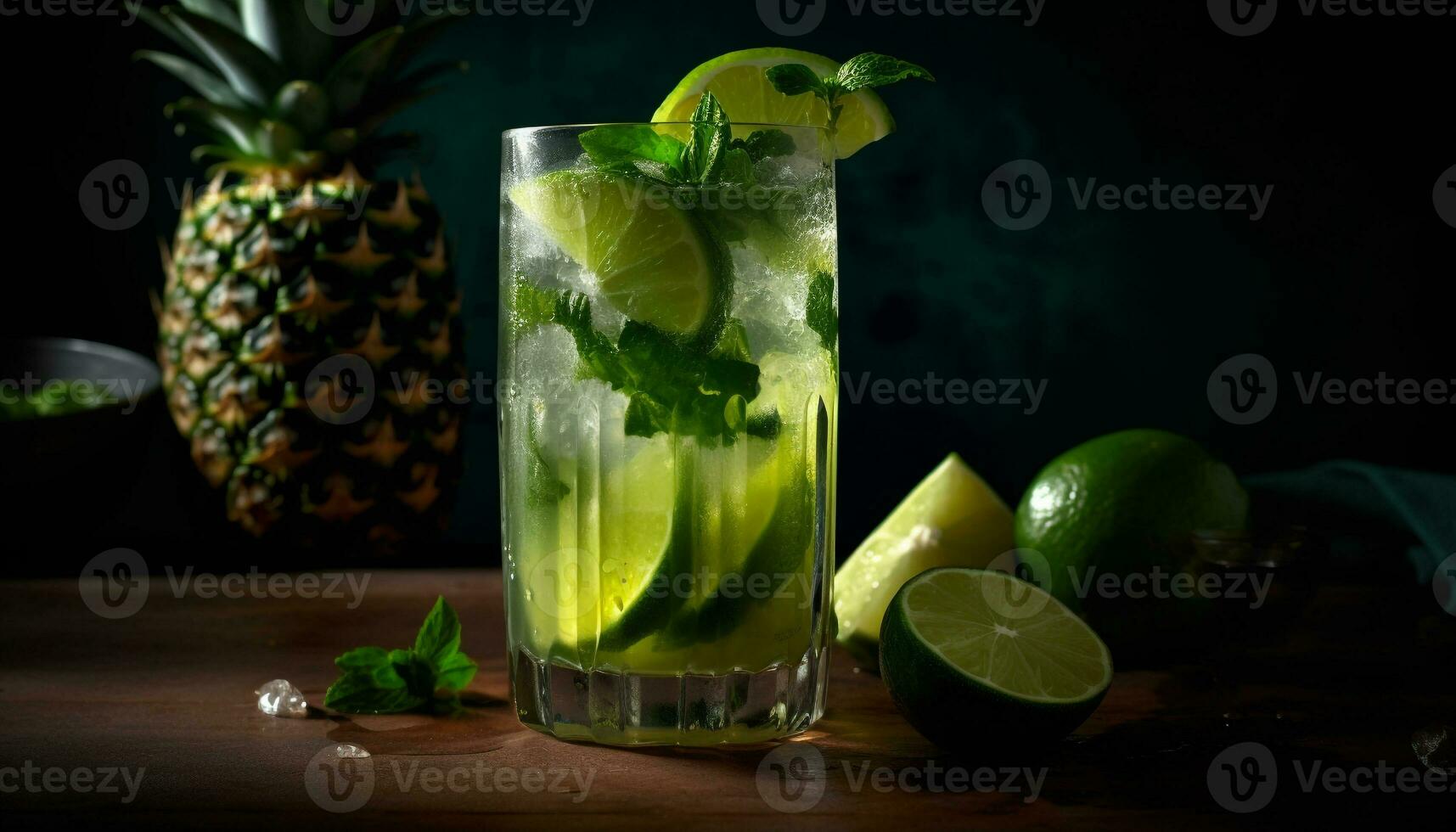 frisch Mojito mit Kalk, Minze, und Eis generiert durch ai foto