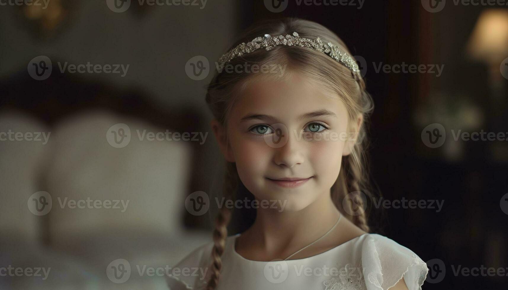 süß Prinzessin lächelnd, tragen Tiara und Kleid generiert durch ai foto