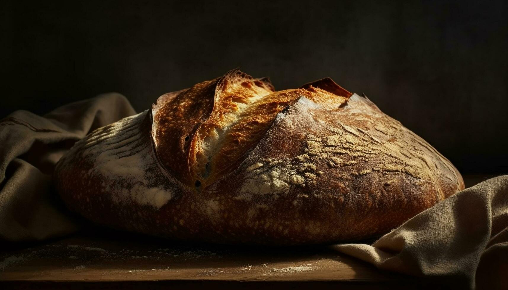 ein rustikal Tabelle mit frisch gebacken Brot generiert durch ai foto