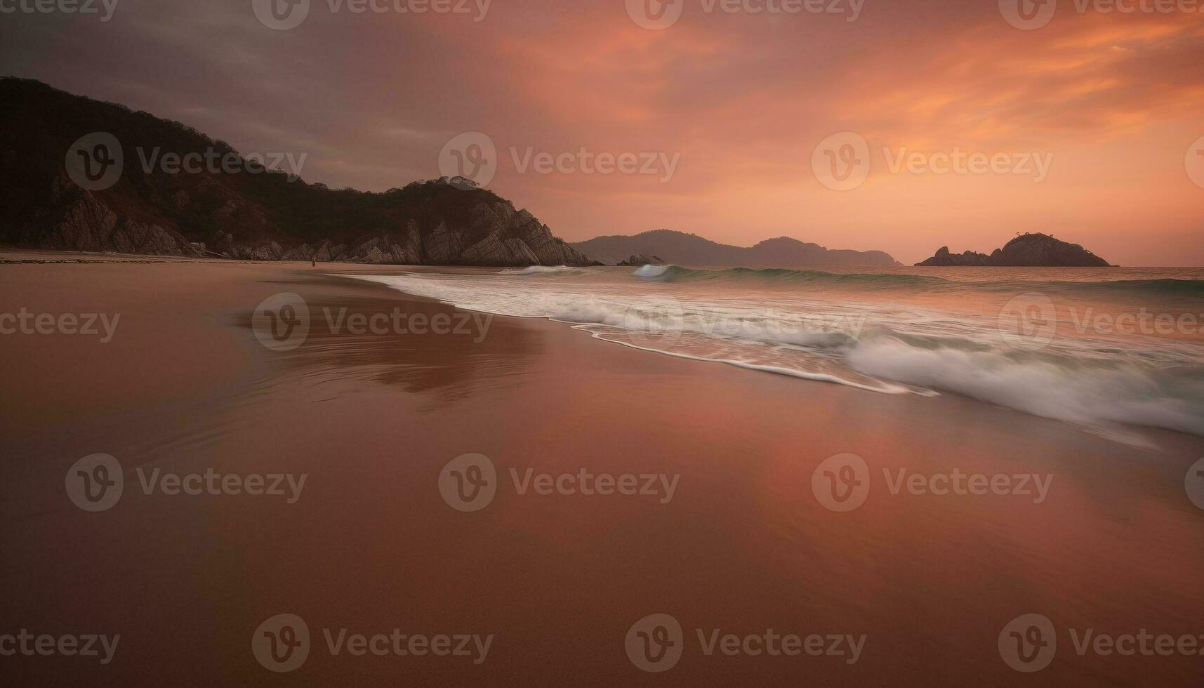 Sonnenaufgang Über still Gewässer, idyllisch Sommer- Ferien generiert durch ai foto