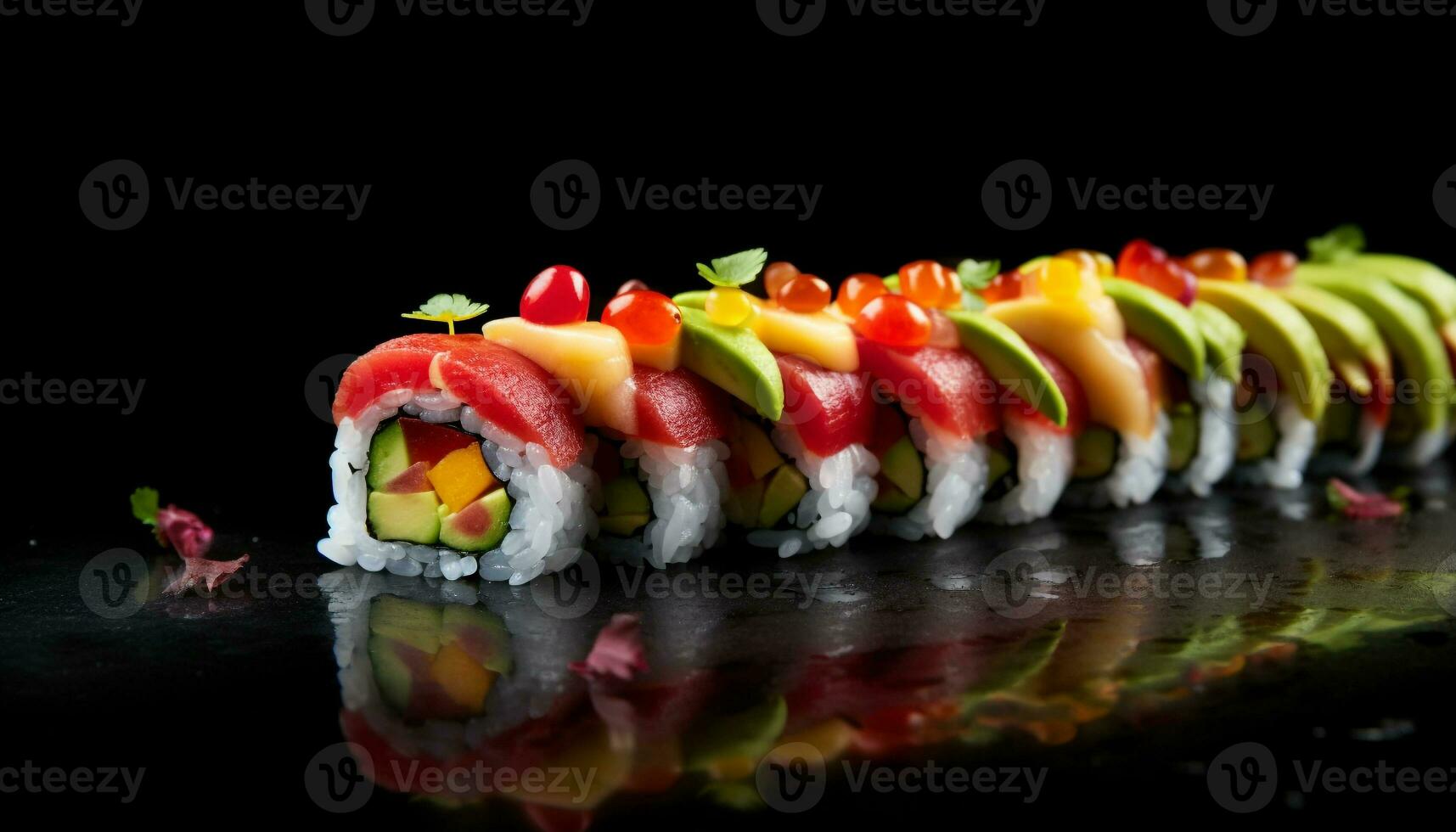 gesund Essen frisch Meeresfrüchte, gerollt oben maki Sushi generiert durch ai foto