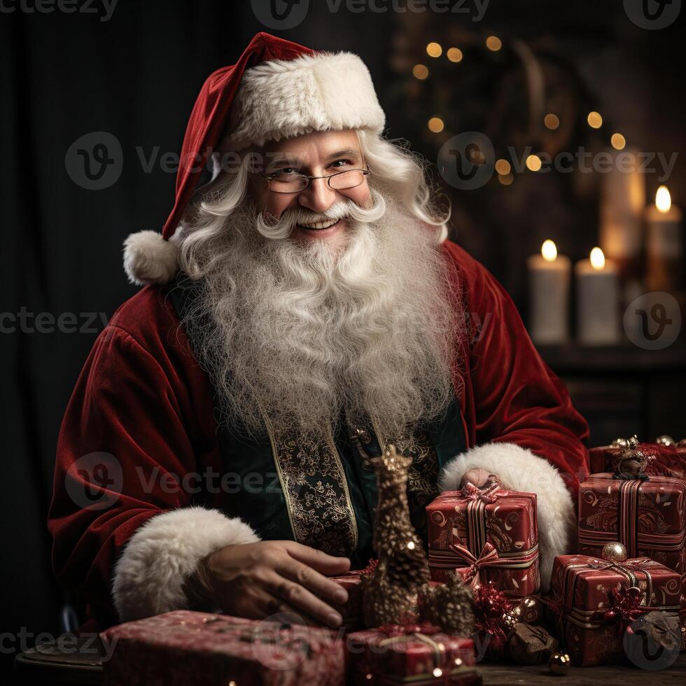 Illustration von ein Santa claus mit ein Weihnachten Hintergrund, ai generiert foto