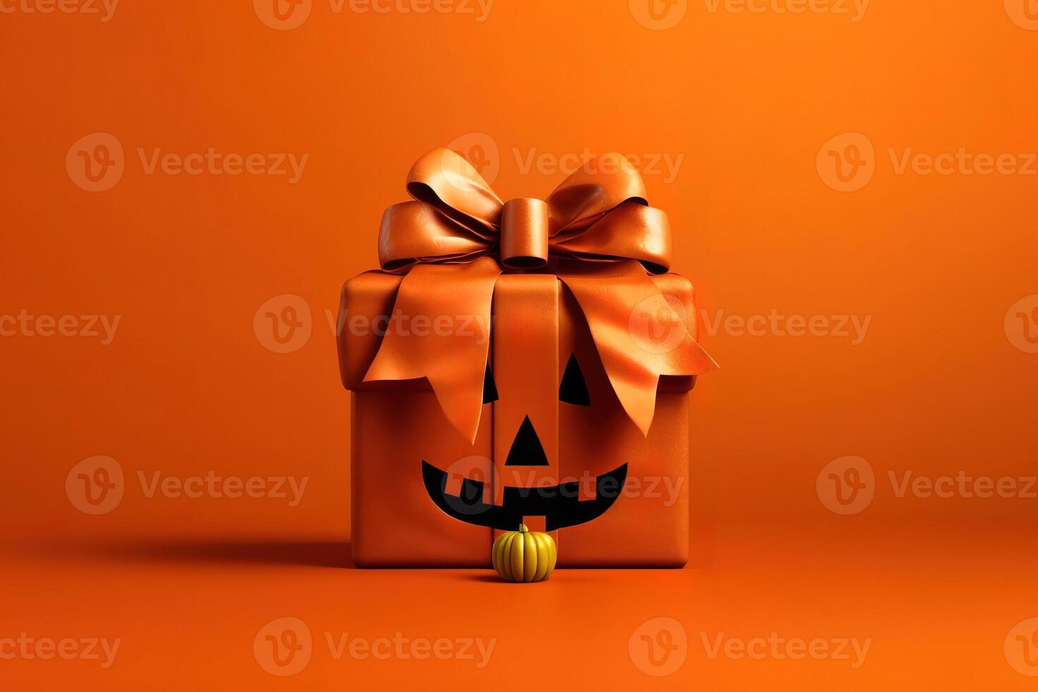 Halloween einer Orange Geschenk Box mögen Kürbis mit Jack Ö Laterne Gesicht, auf Orange Hintergrund mit Platz zum Text. und klein Gelb Kürbis. Urlaub Herbst Einkaufen, Aktionen und Verkauf. ai generiert foto