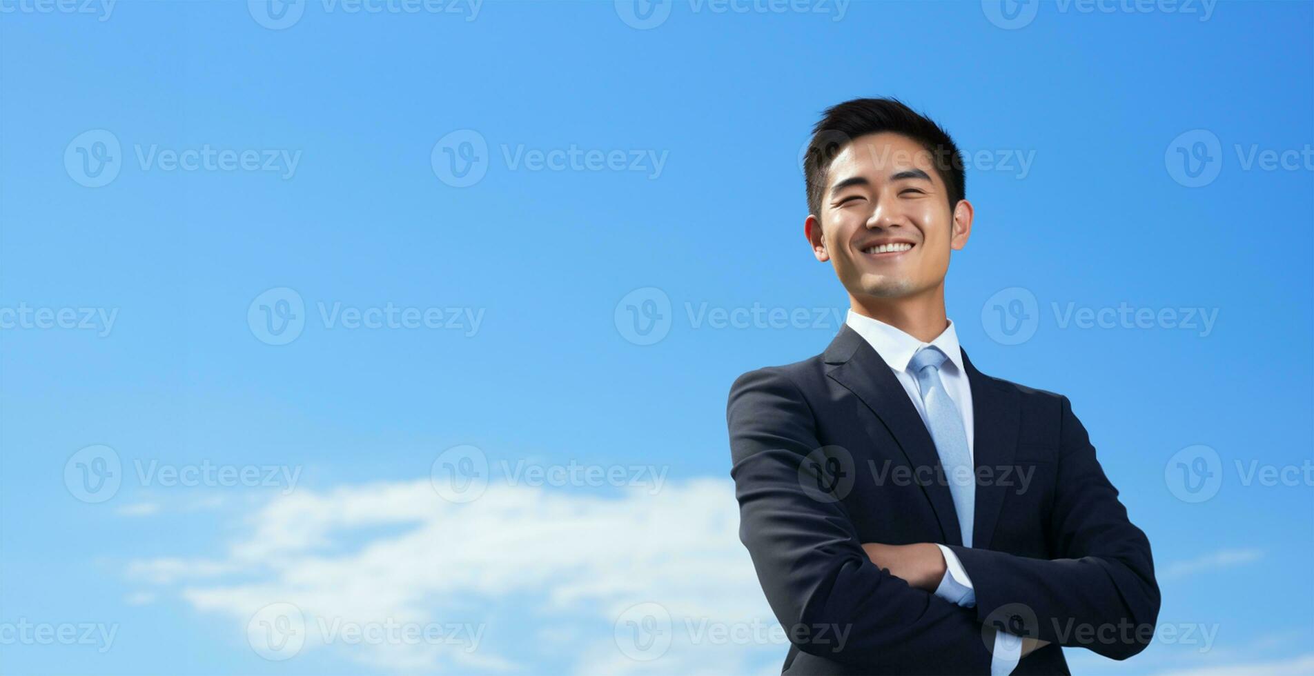 ein jung asiatisch Geschäftsmann mit ein zuversichtlich, strahlend lächeln. ai generiert foto