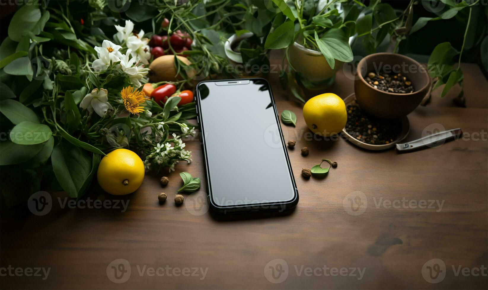 Handy, Mobiltelefon Telefon spotten oben zum suchen und Einkaufen online Lebensmittelgeschäft, App zum Rezept, Ernährung und Diät. leer Smartphone. ai generiert foto