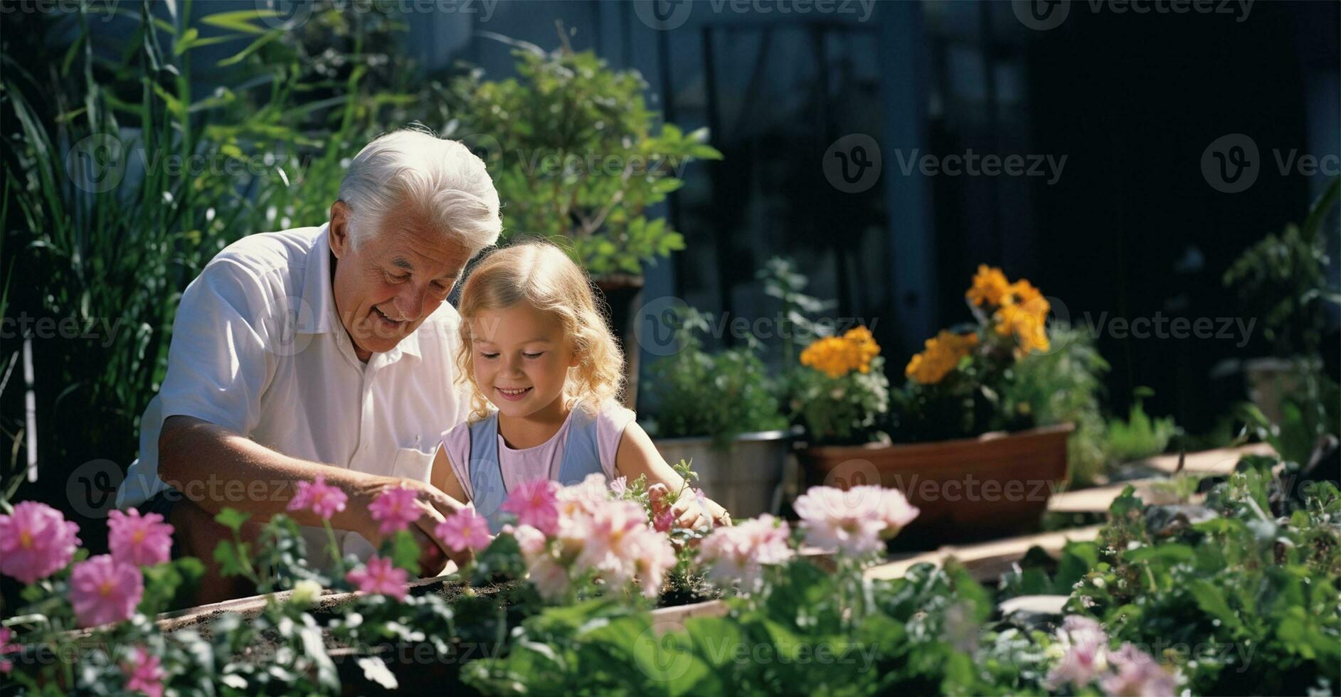 Großvater mit Enkelinnen im Zuhause Garten. ai generiert foto