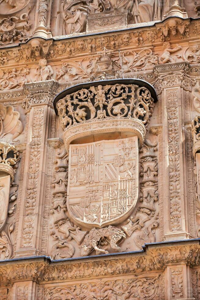 Detail von das schön Fassade von das historisch Gebäude von das Universität von Salamanca foto