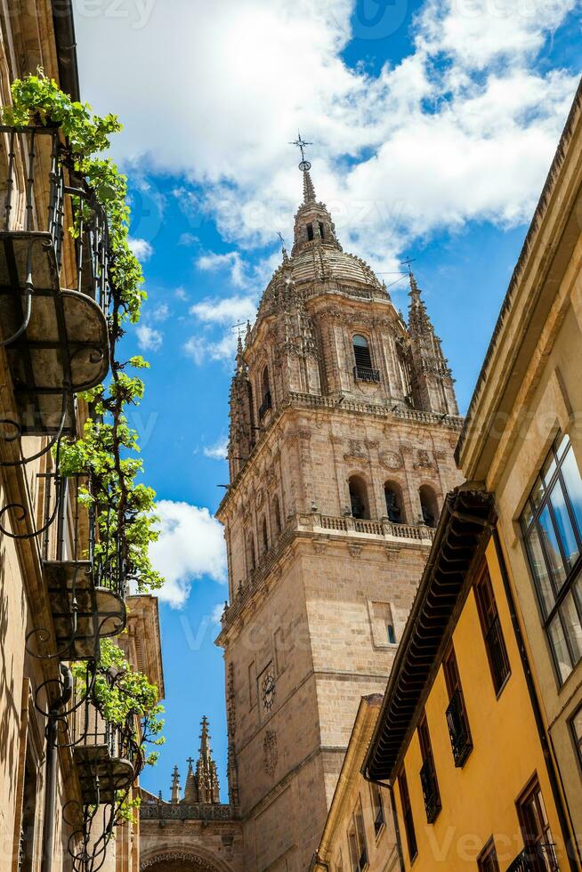 Glocke Turm von das historisch Salamanca Kathedrale gesehen von das Kessel de la Barca Straße foto