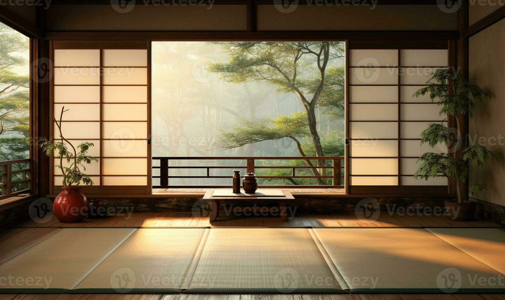 leeren traditionell japanisch Stil Zimmer mit Tatami Matte Fußboden im Sonnenlicht von Holz Shoji. ai generiert foto