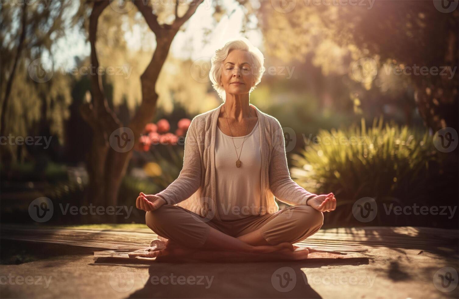 Ruhe alt Frau mit geschlossen Augen während Yoga Meditation. ai generiert foto