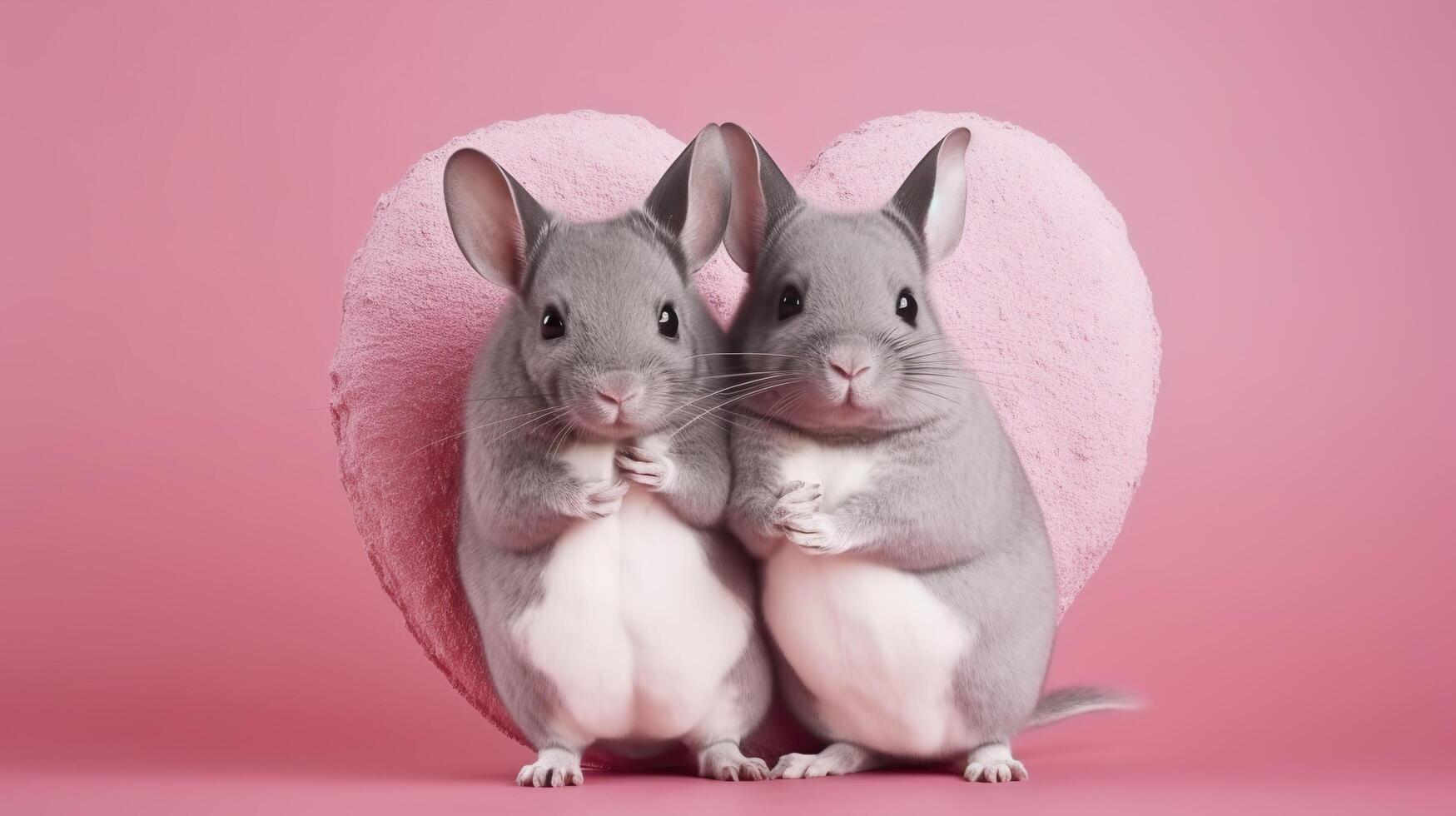 zwei Chinchillas auf das Hintergrund von das Herz. generativ ai. foto