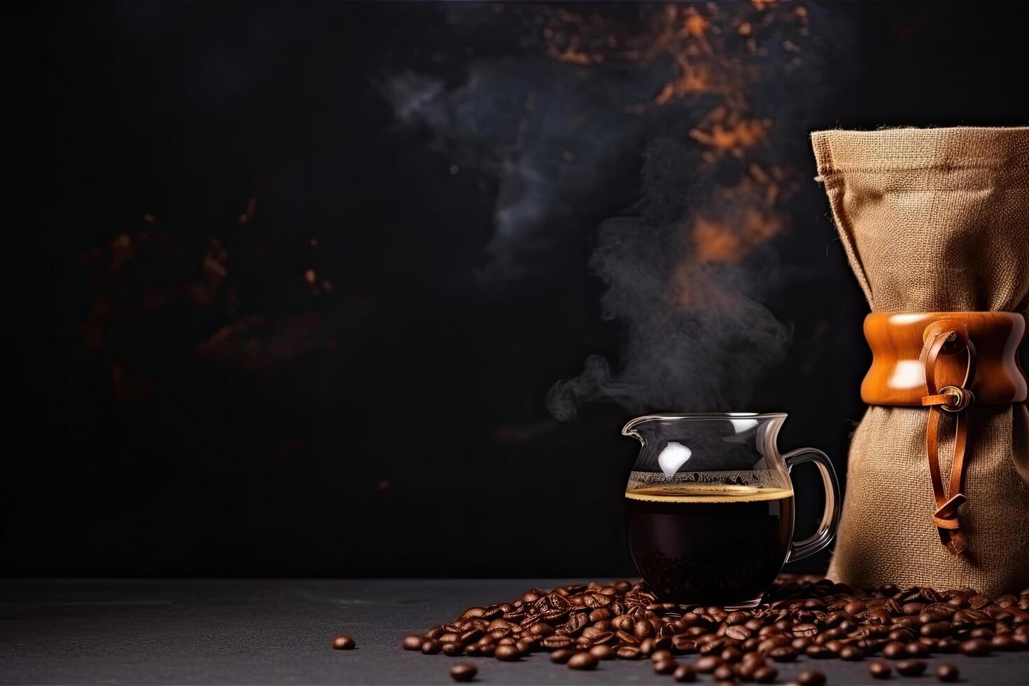 ai generiert Hintergrund Banner Bild tropfen Kaffee im ein Container und Kaffee Bohnen haben ein Licht Rauch. foto