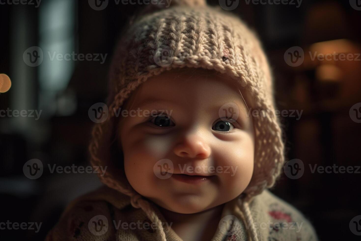 ai generativ Porträt von ein süß wenig Baby beim Zuhause im das Abend foto