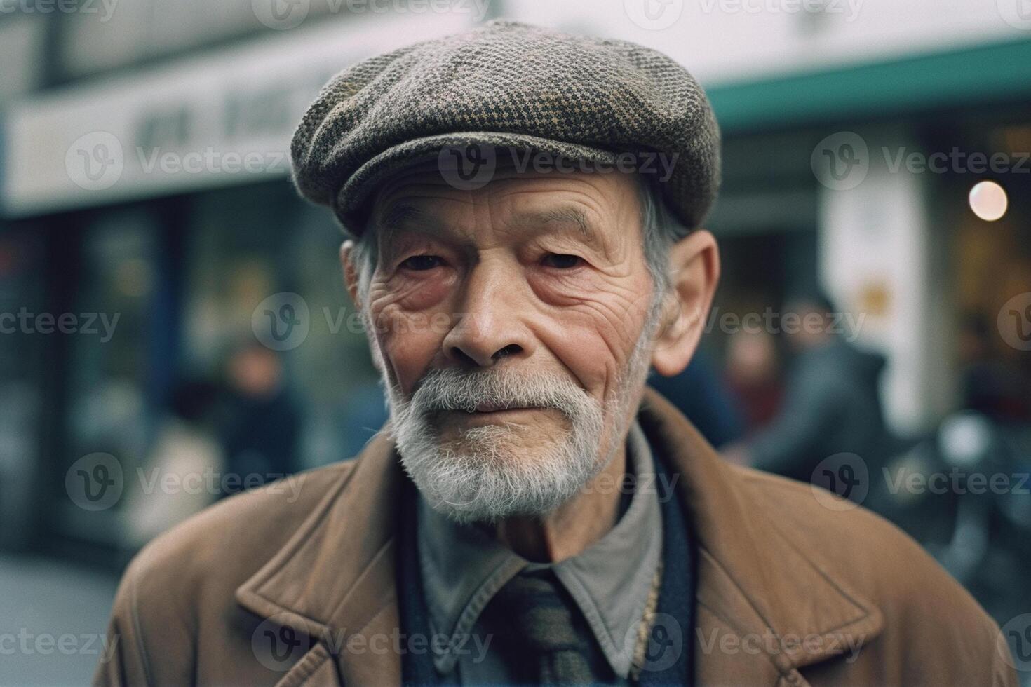 ai generativ Porträt von ein alt Mann tragen Mantel auf das Straße foto