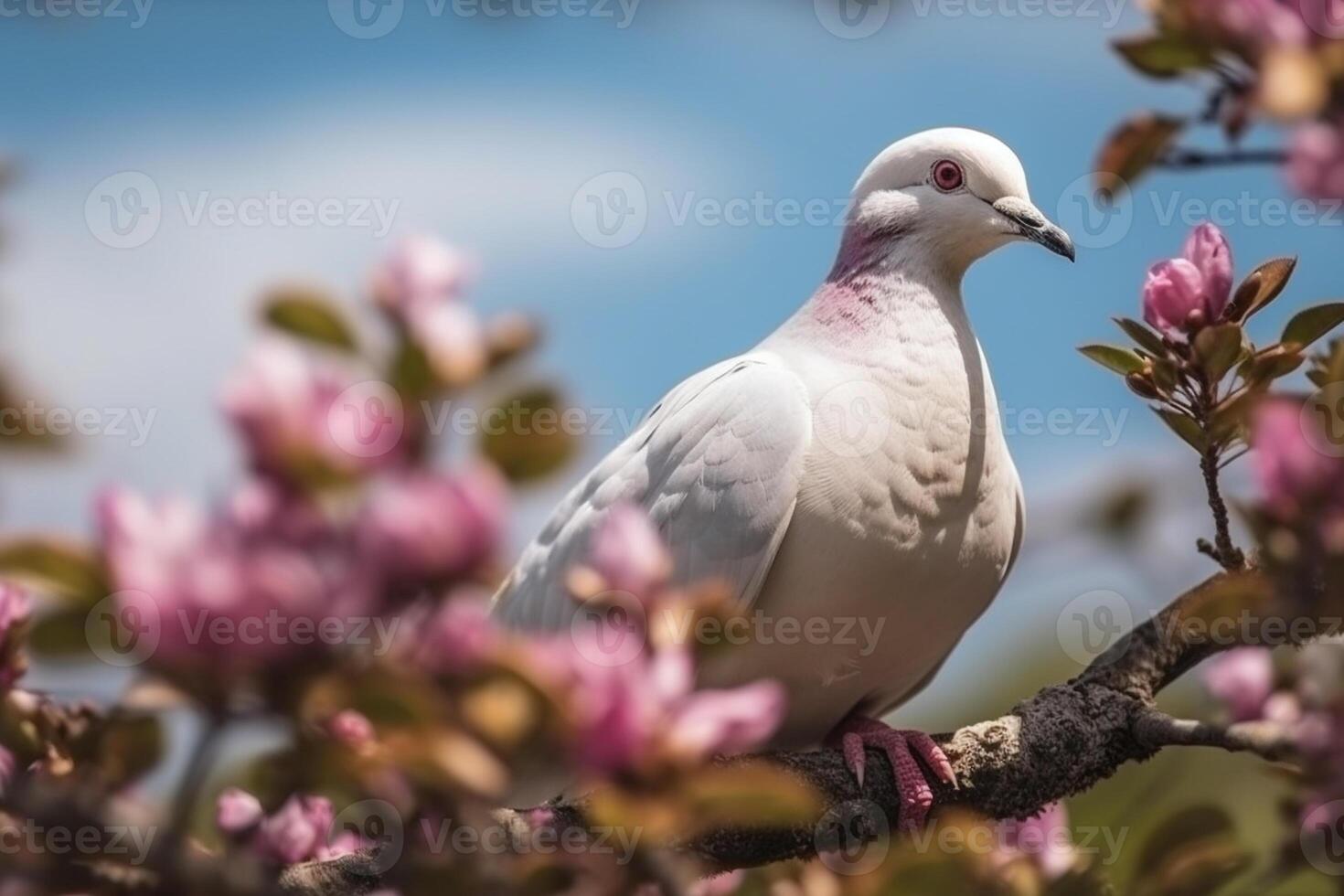 ai generativ Weiß Taube auf ein Ast von ein blühen Baum mit Rosa Blumen foto