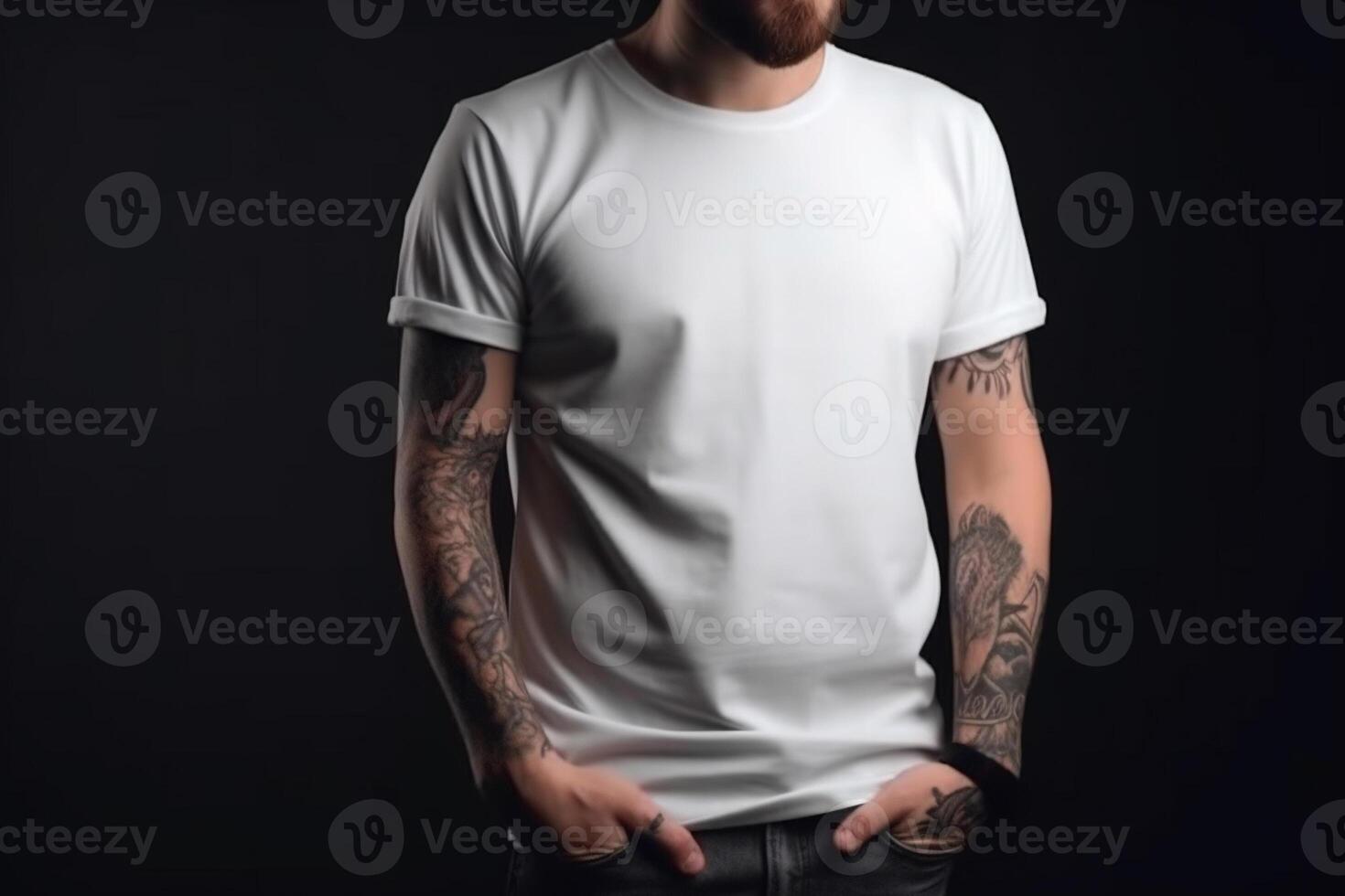 ai generativ Mann im leer Weiß T-Shirt auf dunkel Hintergrund. Attrappe, Lehrmodell, Simulation zum Design foto