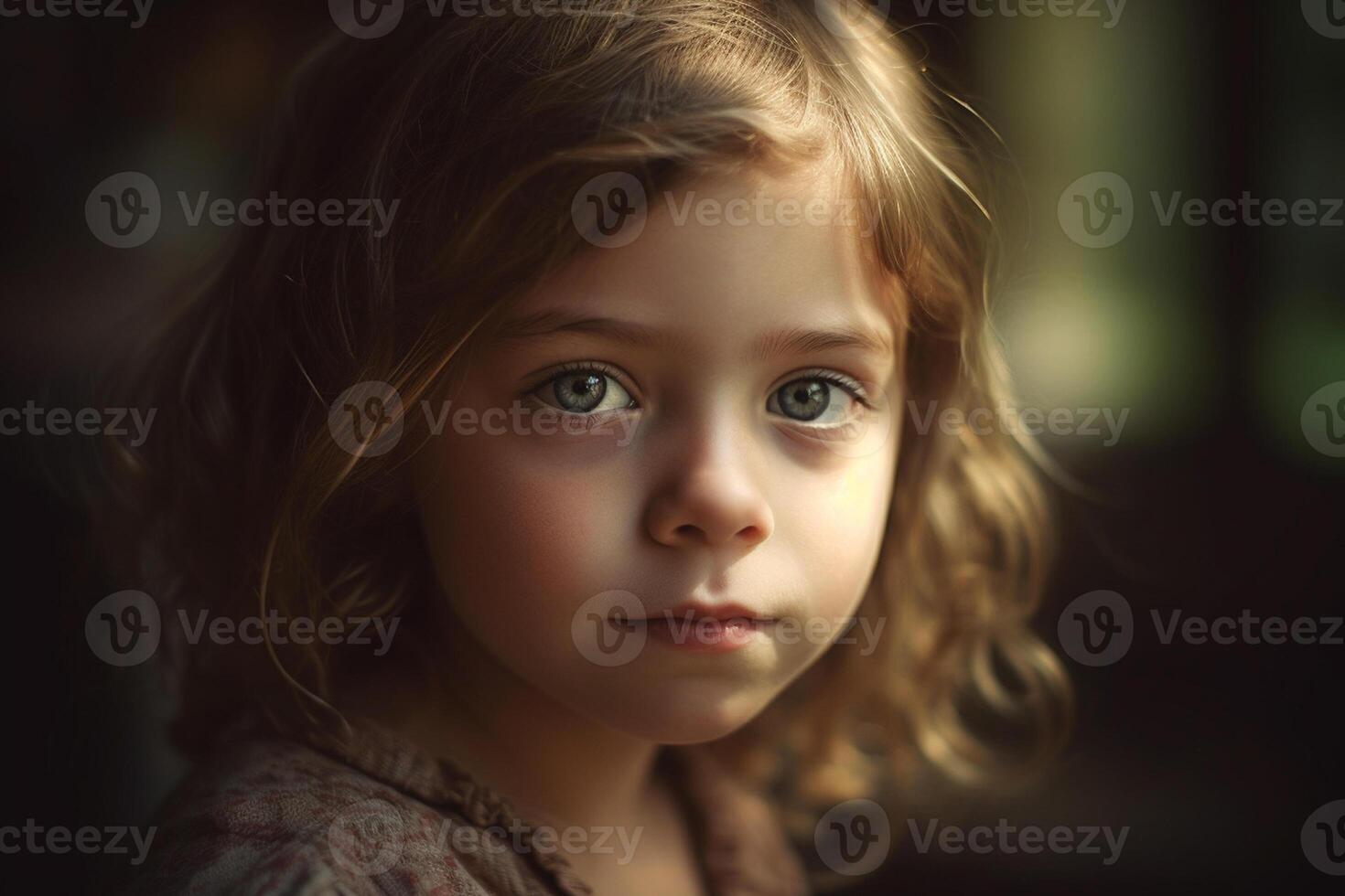 ai generativ Porträt von ein schön wenig Mädchen mit lange lockig Haar im das Zimmer foto