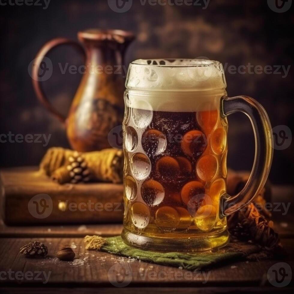 schaumig Bier im groß Glas Becher steht im lokal Bar auf Oktoberfest, ai generiert foto