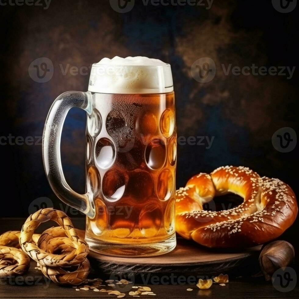 schaumig Bier im groß Glas Becher steht im lokal Bar auf Oktoberfest, ai generiert foto