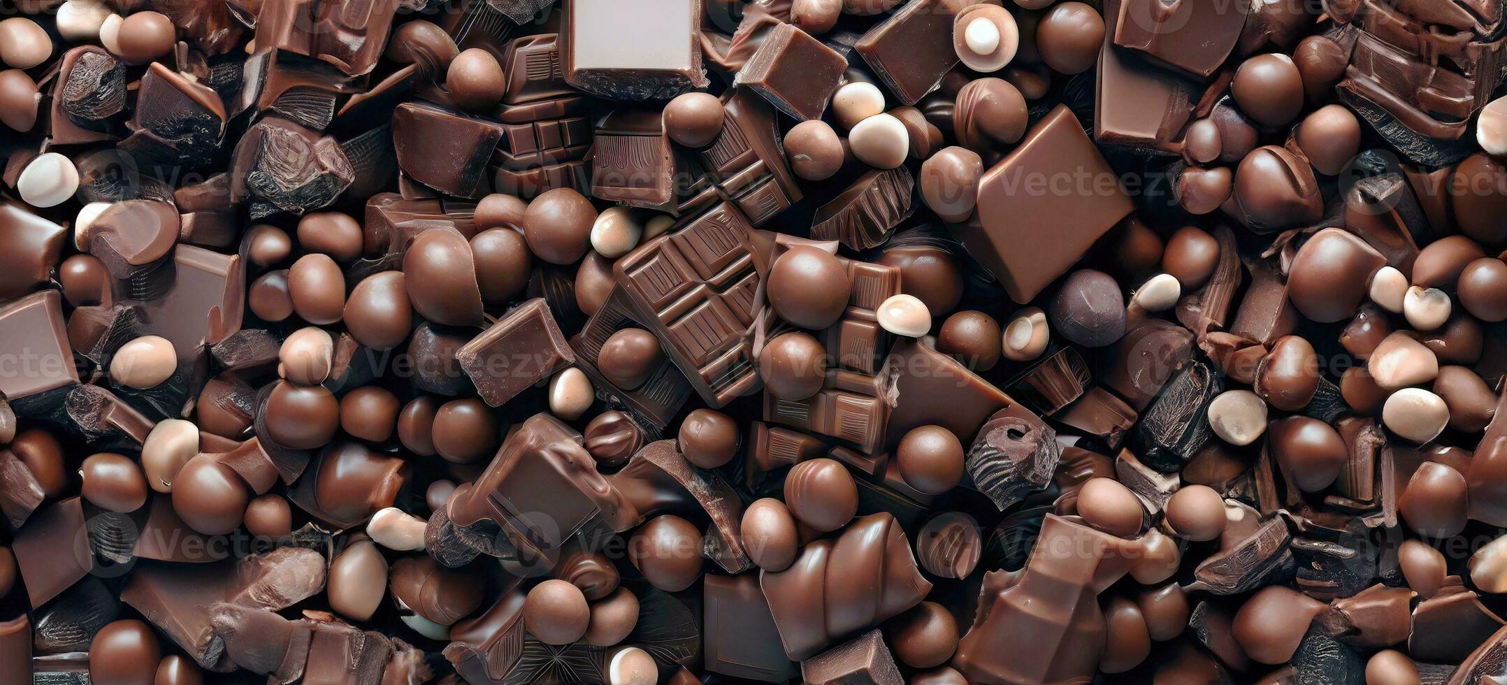 ai generiert, generativ ai, oben Aussicht Stapel Stapel von verschiedene nett von Schokolade Kakao Süßigkeiten, gemischt Geschmack, etwas gebrochen oder geknackt, bitter und Milch und dunkel, Bonbon, Welt Schokolade Tag Konzept foto