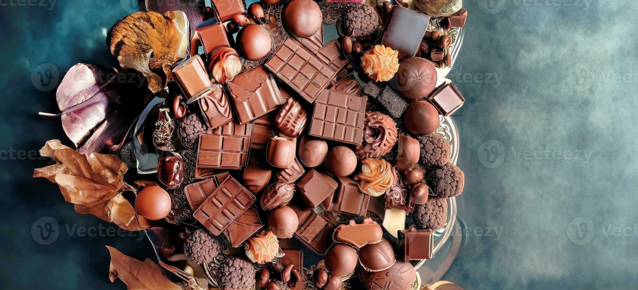ai generiert, generativ ai, oben Aussicht verschiedene nett von Schokolade Kakao Süßigkeiten gemischt Geschmack im Luxus transparent Glas Platte, Kristall Tablett, im schick Hintergrund, Welt Schokolade Tag Konzept foto