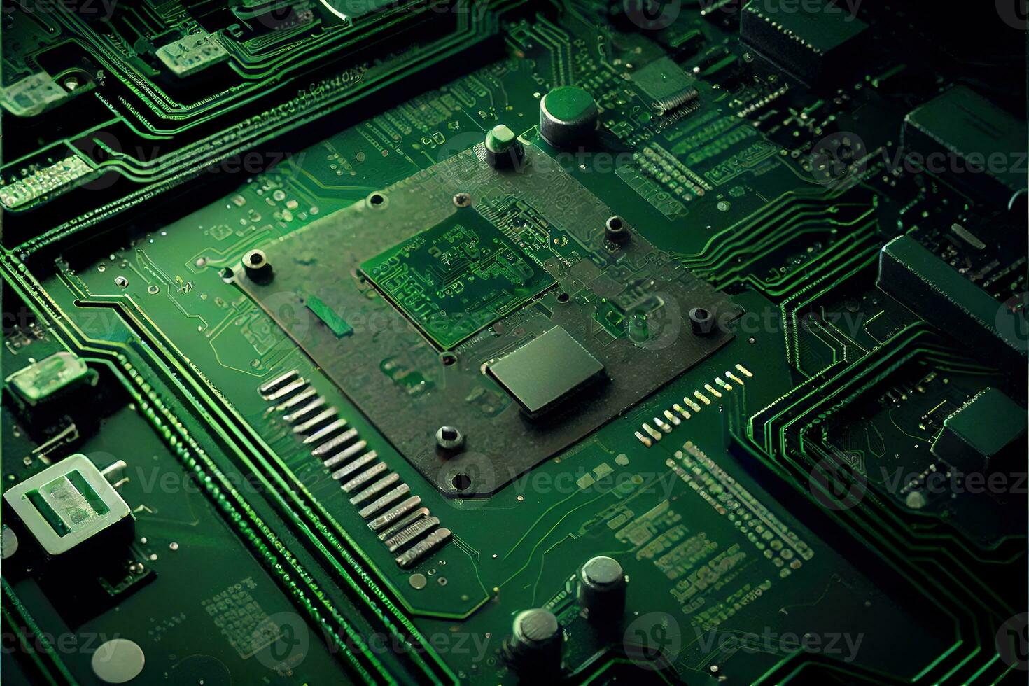 Grün elektronisch Schaltkreis Tafel. Hauptplatine das Gerät von Stk. abstrakt Technologie Hintergrund. generativ ai foto