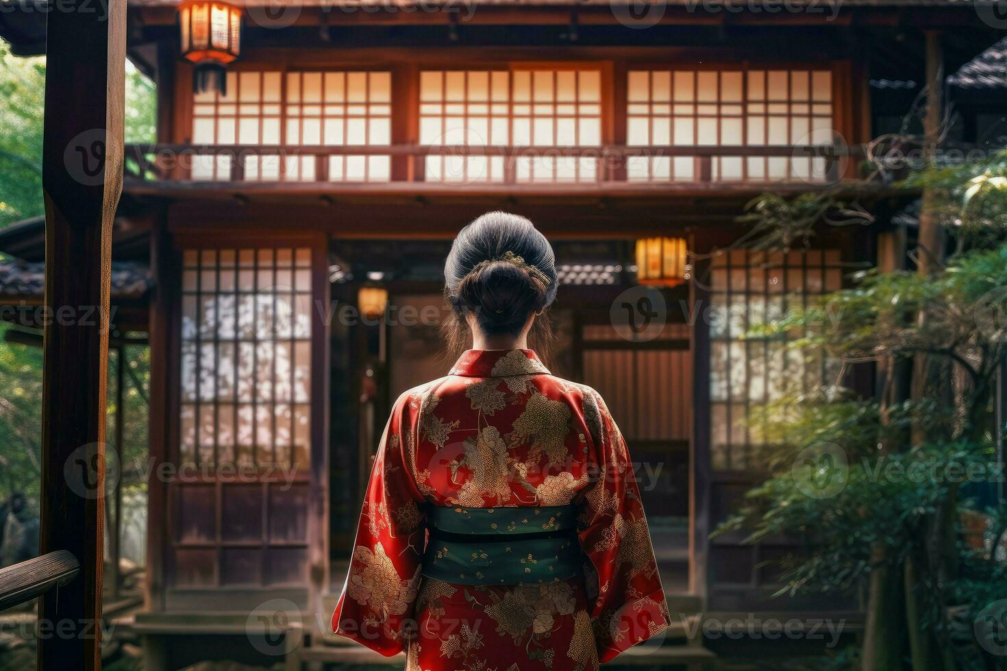 japanisch Frau Kimono Haus. generieren ai foto