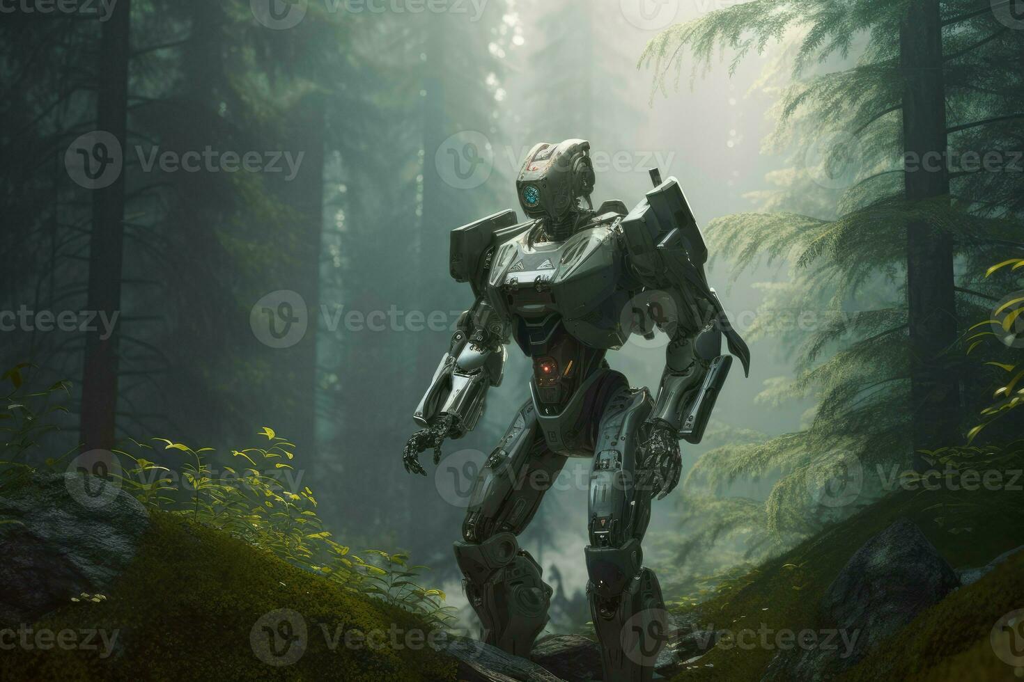 futuristisch Roboter Wald Morgen. generieren ai foto