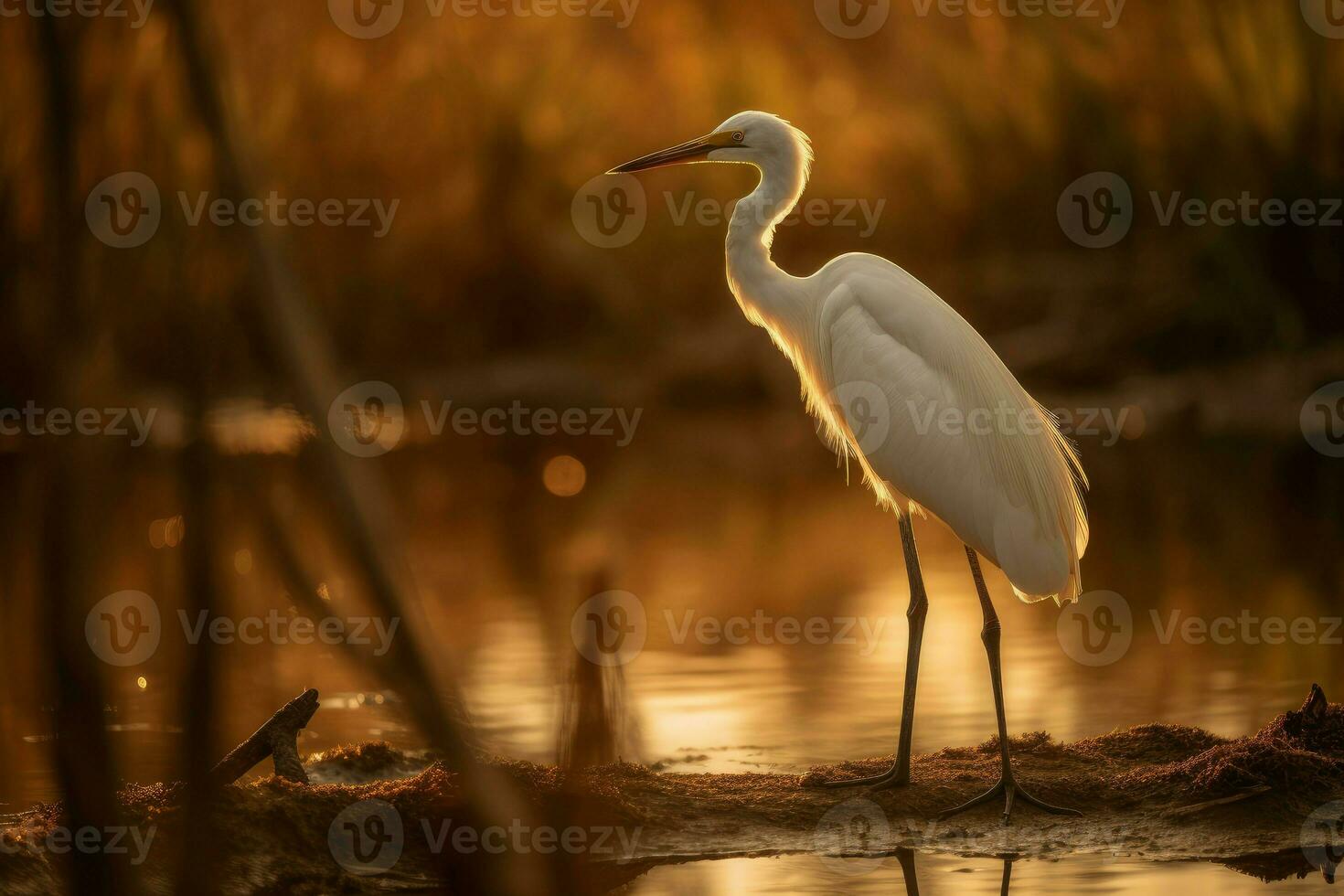 Reiher See Sonnenuntergang Vogel. generieren ai foto