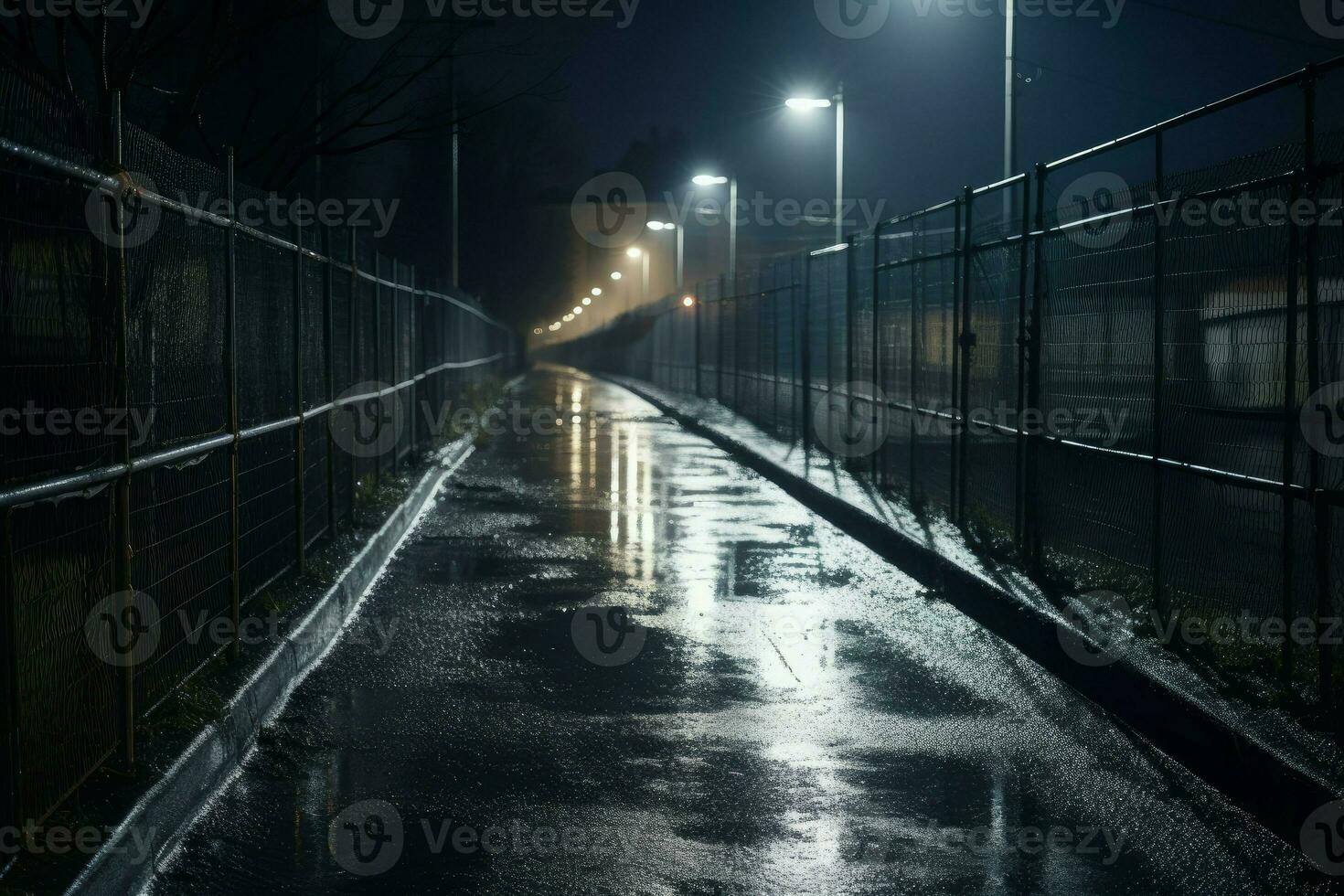 Nacht Straße Gasse Zaun. generieren ai foto