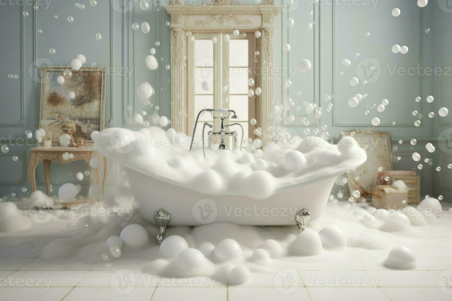 Weiß Badewanne voll Schaum. generieren ai foto