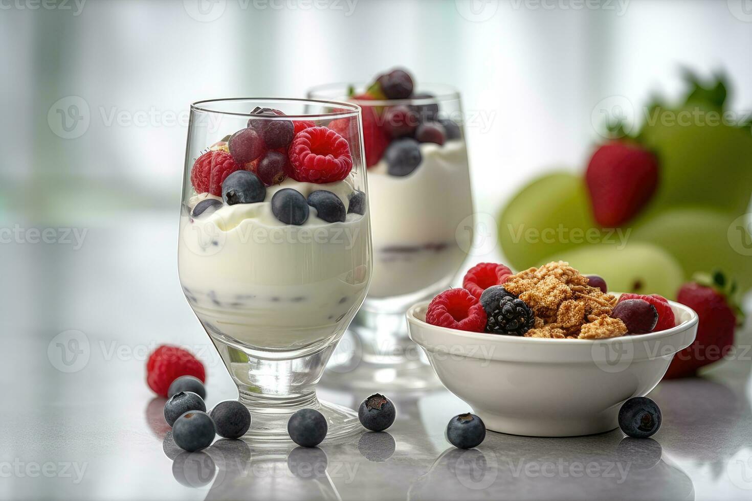 Joghurts mit Obst auf ein Weiß Tisch. gesund Frühstück. richtig Ernährung. gesund Lebensmittel. generativ ai Technologie foto