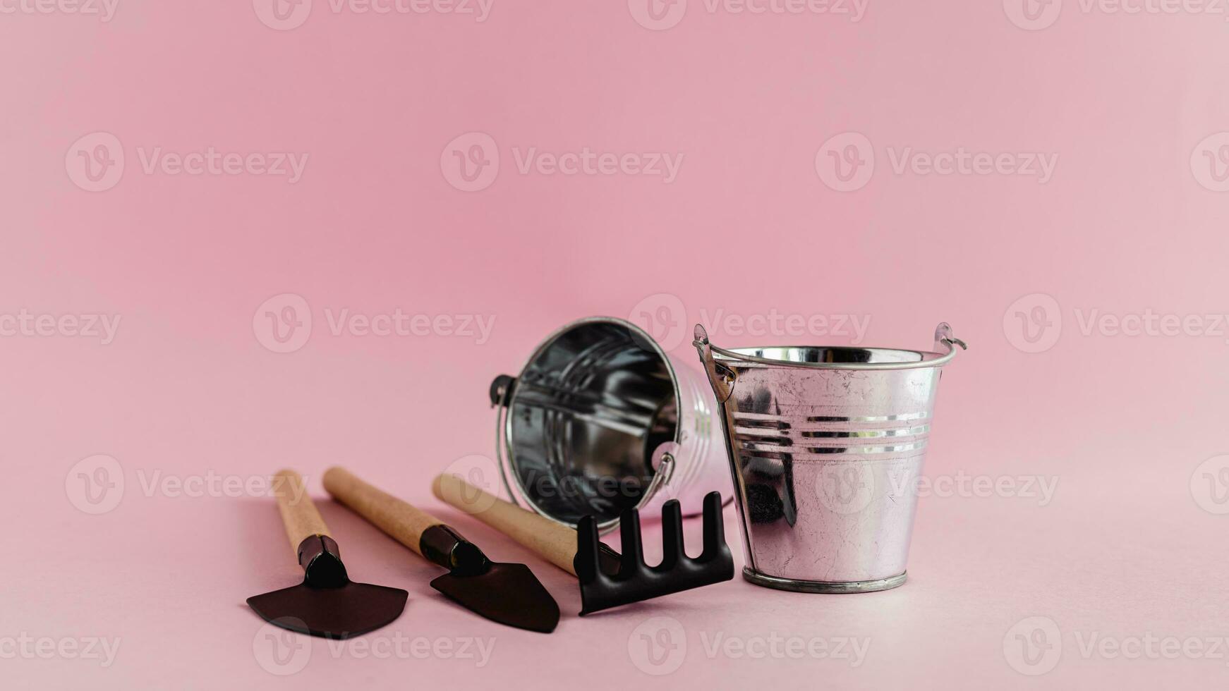 Gartenarbeit Werkzeuge mit farbig Zinn Eimer oder Eimer auf Rosa Hintergrund foto