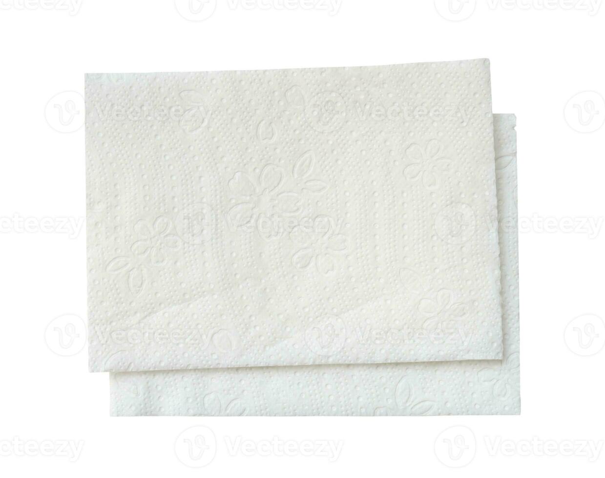oben Aussicht von zwei gefaltet Stücke von Weiß Gewebe Papier oder Serviette im Stapel isoliert auf Weiß Hintergrund mit Ausschnitt Weg. foto
