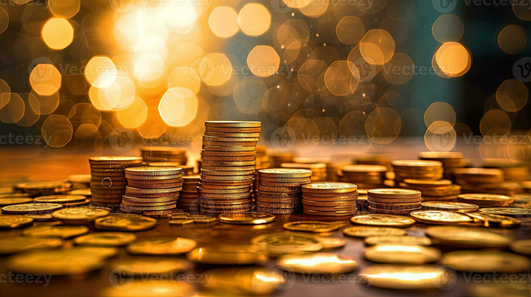 Geld Konzept Hintergrund mit Stapel von golden Münzen. Finanzen abstrakt mit Gelb Münzen. generiert ai. foto