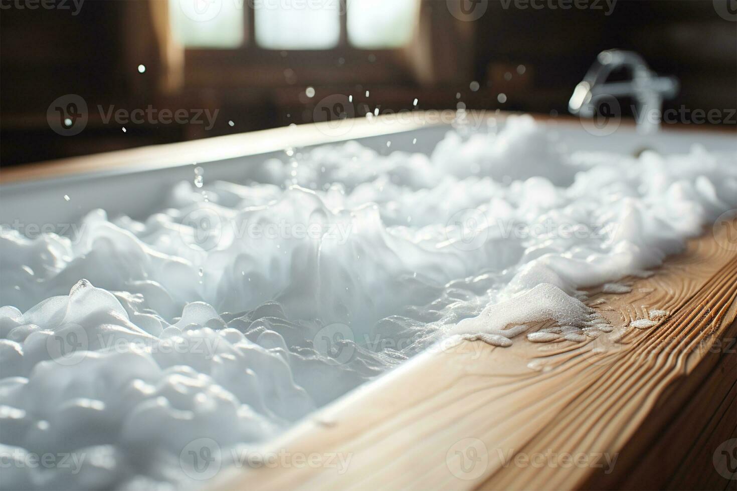 Badewanne gefüllt mit Schaum auf oben von ein hölzern Fußboden foto