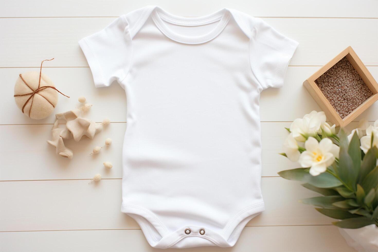 Weiß Baby Bodysuit und Blumen auf Weiß hölzern Hintergrund, oben Aussicht ai generiert foto