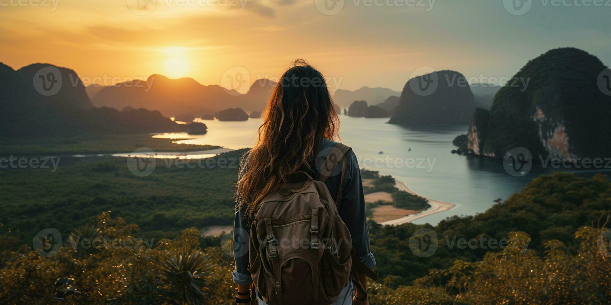 jung Reisender Frau Backpacker beim oben von Berg und Meer Aussicht foto