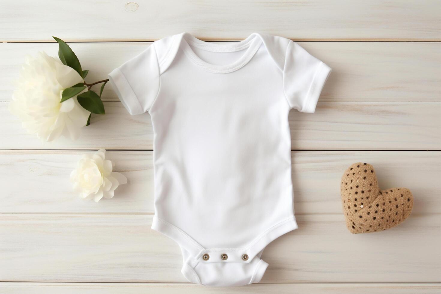 Weiß Baby Bodysuit und Blumen auf Weiß hölzern Hintergrund, oben Aussicht ai generiert foto