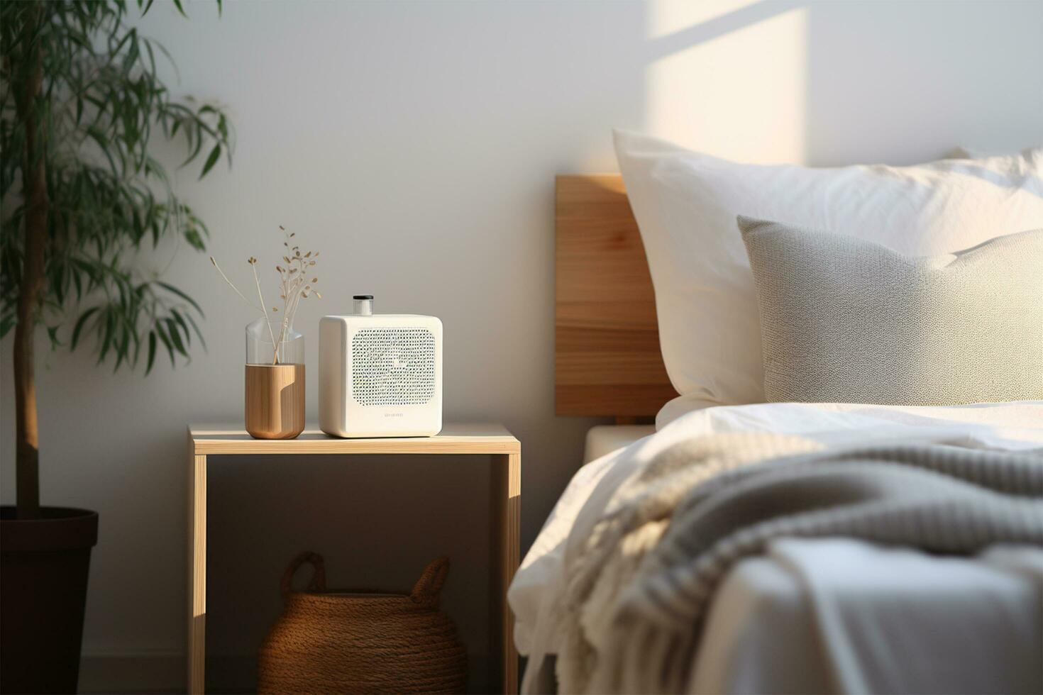 Luft Luftreiniger Weiß Schlafzimmer zum Filter ,Luft Verschmutzung Konzept ai generiert foto