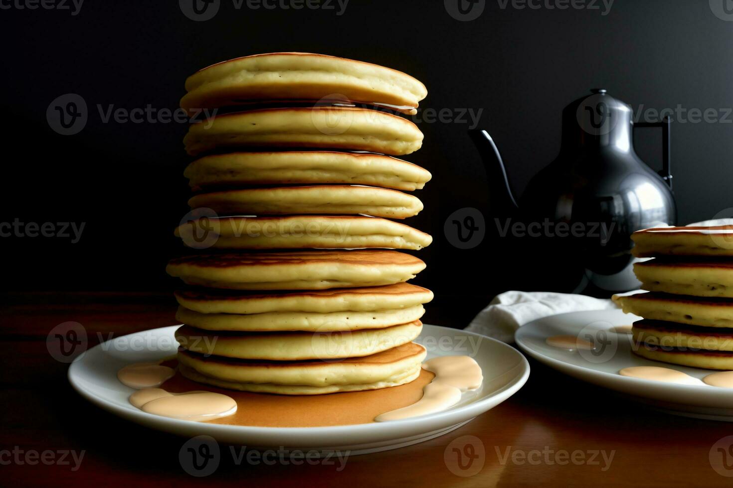 ein Stapel von Pfannkuchen Sitzung auf oben von ein Weiß Platte. ai generiert foto