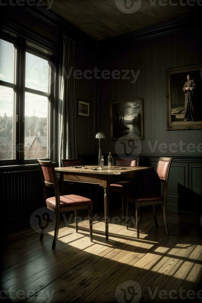 ein Tabelle und Stühle im ein dunkel Zimmer. ai generiert foto