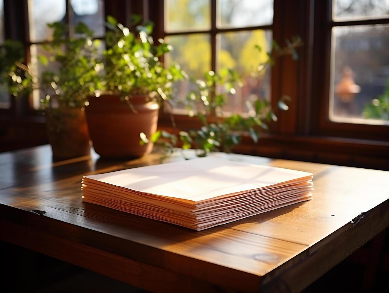 Papier auf das hölzern Tisch, echt Fotografie mit glatt Beleuchtung und Sonne Licht ai generieren foto