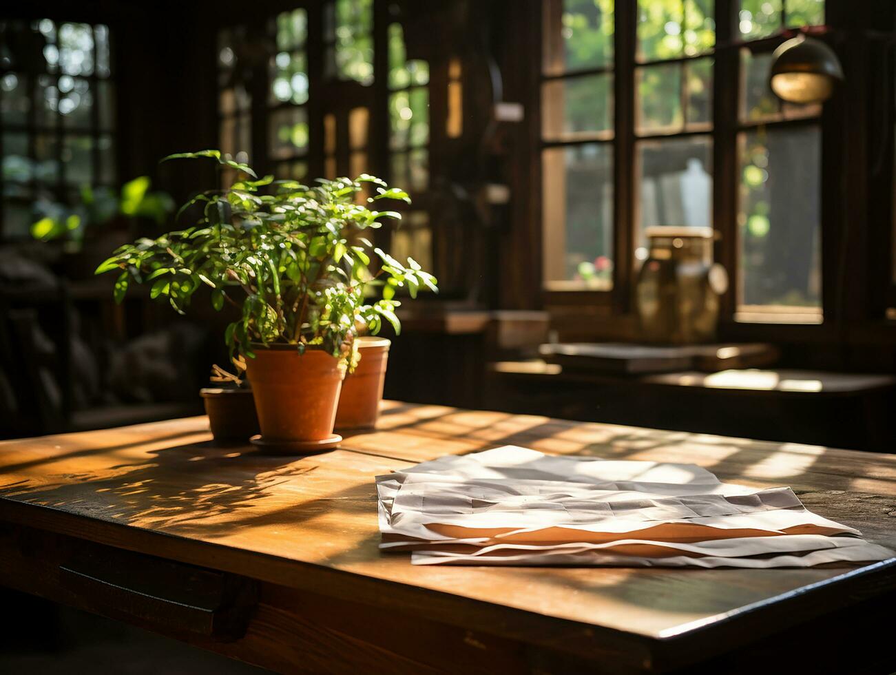 Papier auf das hölzern Tisch, echt Fotografie mit glatt Beleuchtung und Sonne Licht ai generieren foto